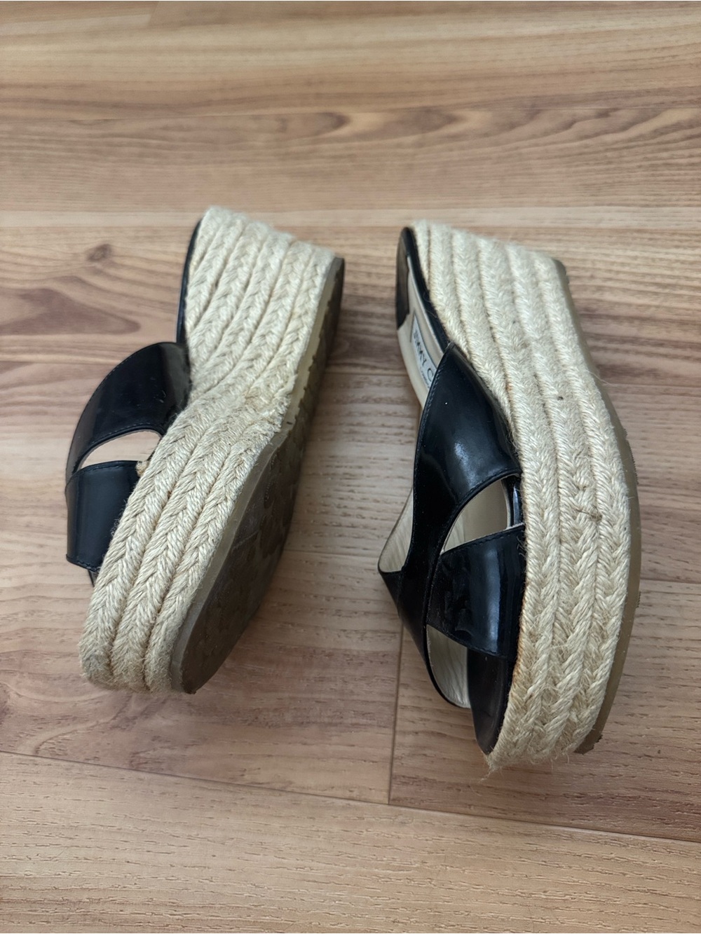 Jimmy Choo Black Patent Leather Espadrille Wedge Sandals - Picture 9 of 12
